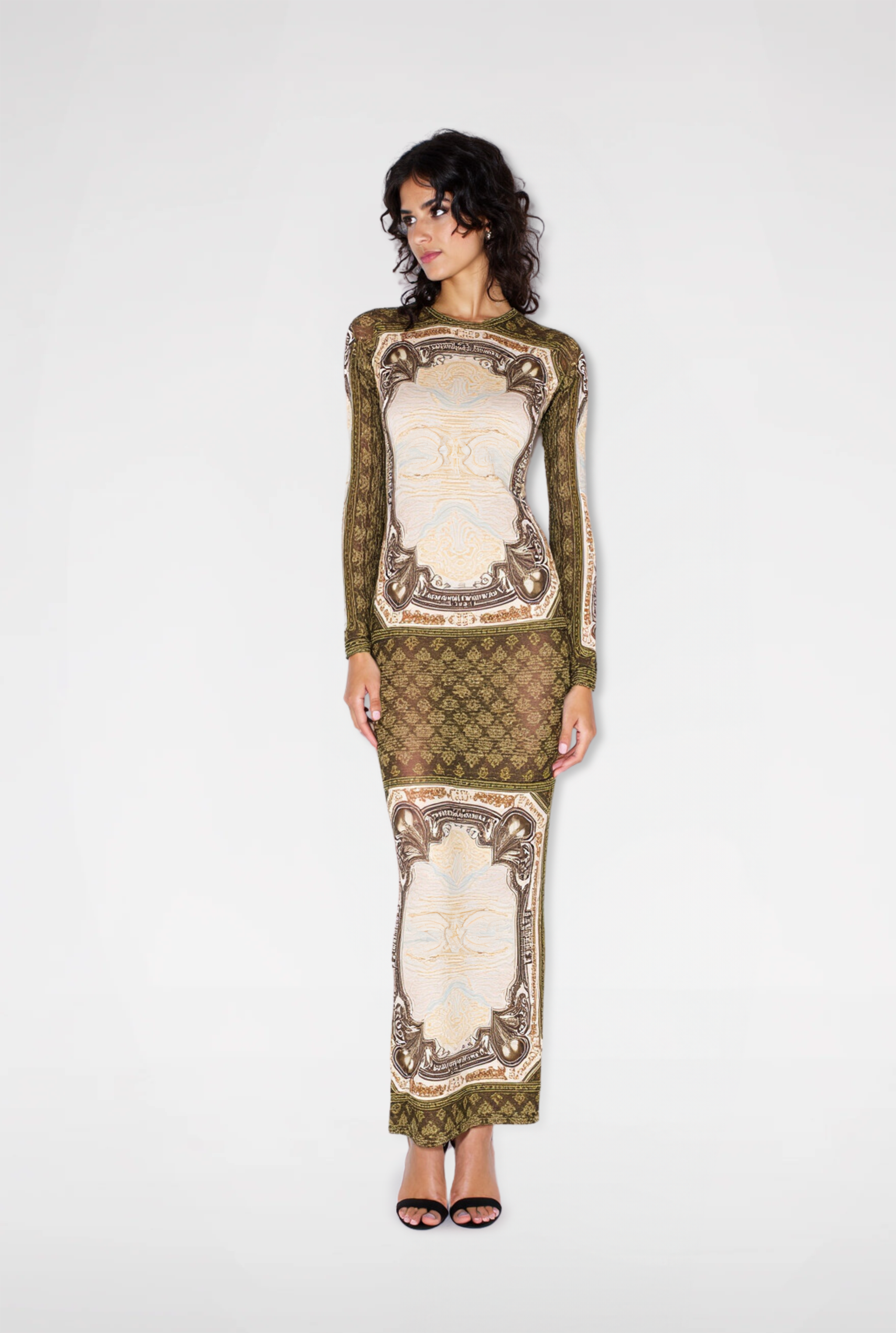baroque print maxi dress Valentina Baroque Print Long Sleeve Maxi Dress