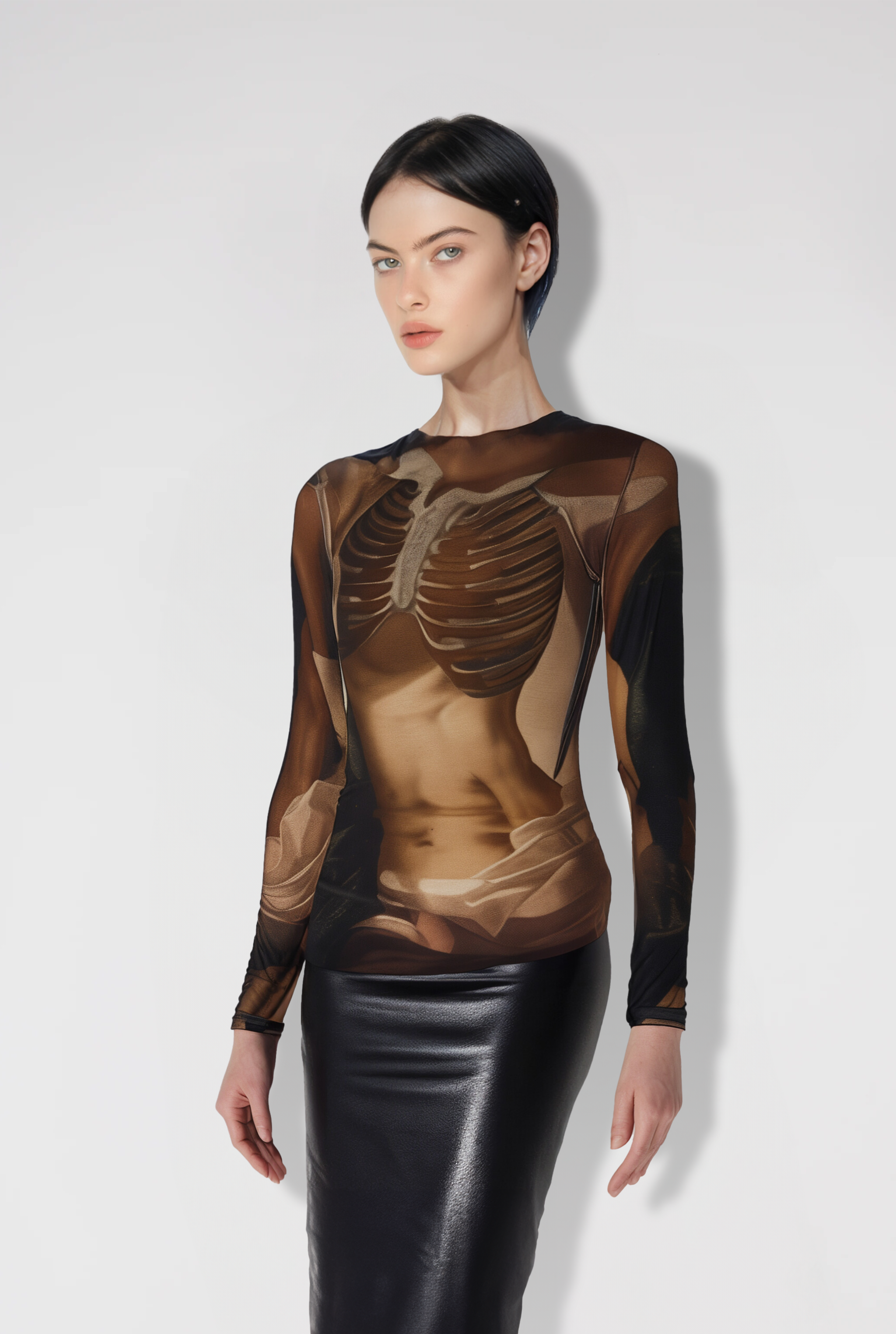 Ava Anatomy Illusion Mesh Top - Brown/Black