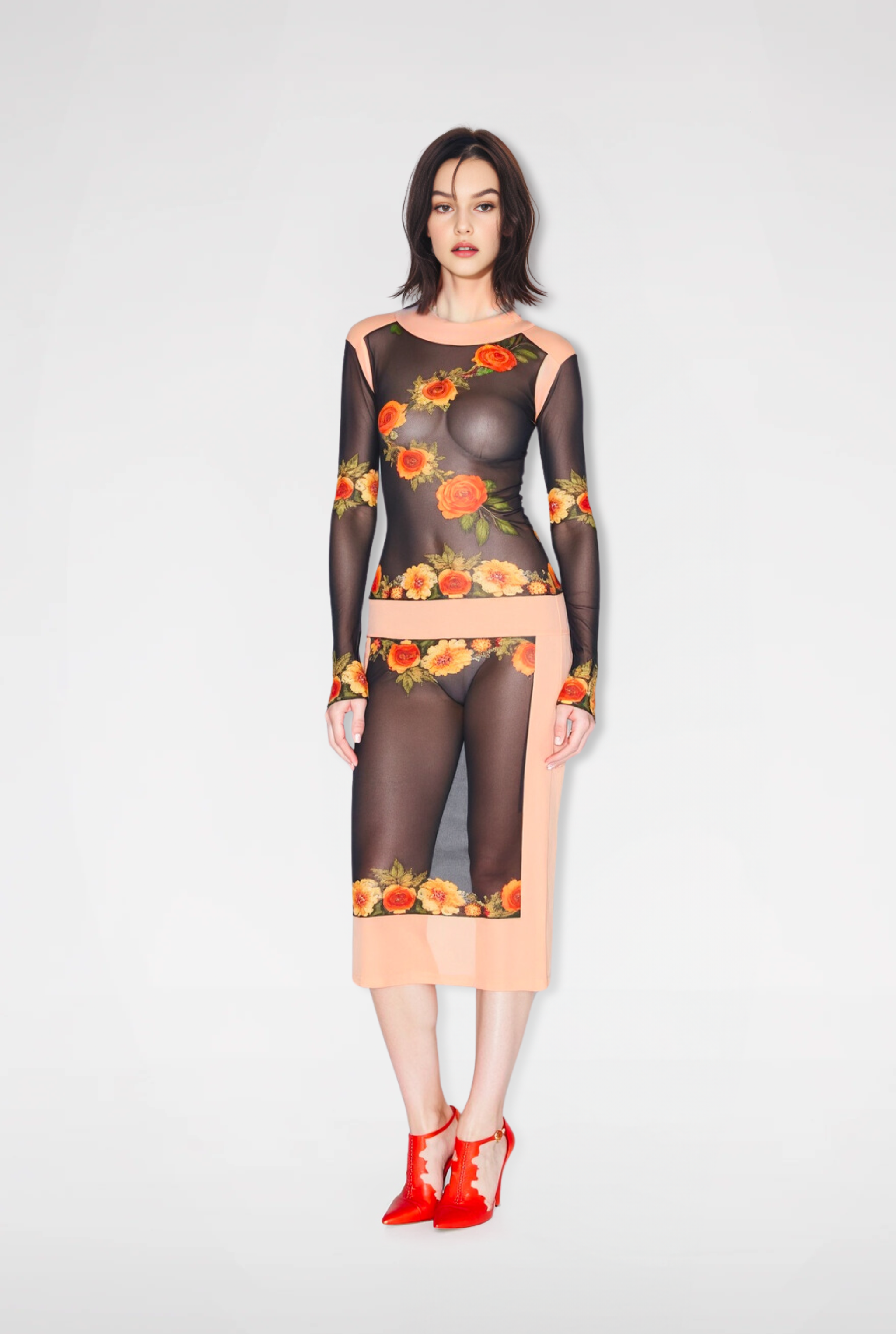 Samantha Bold Floral Sheer Midi Dress - Multicolor
