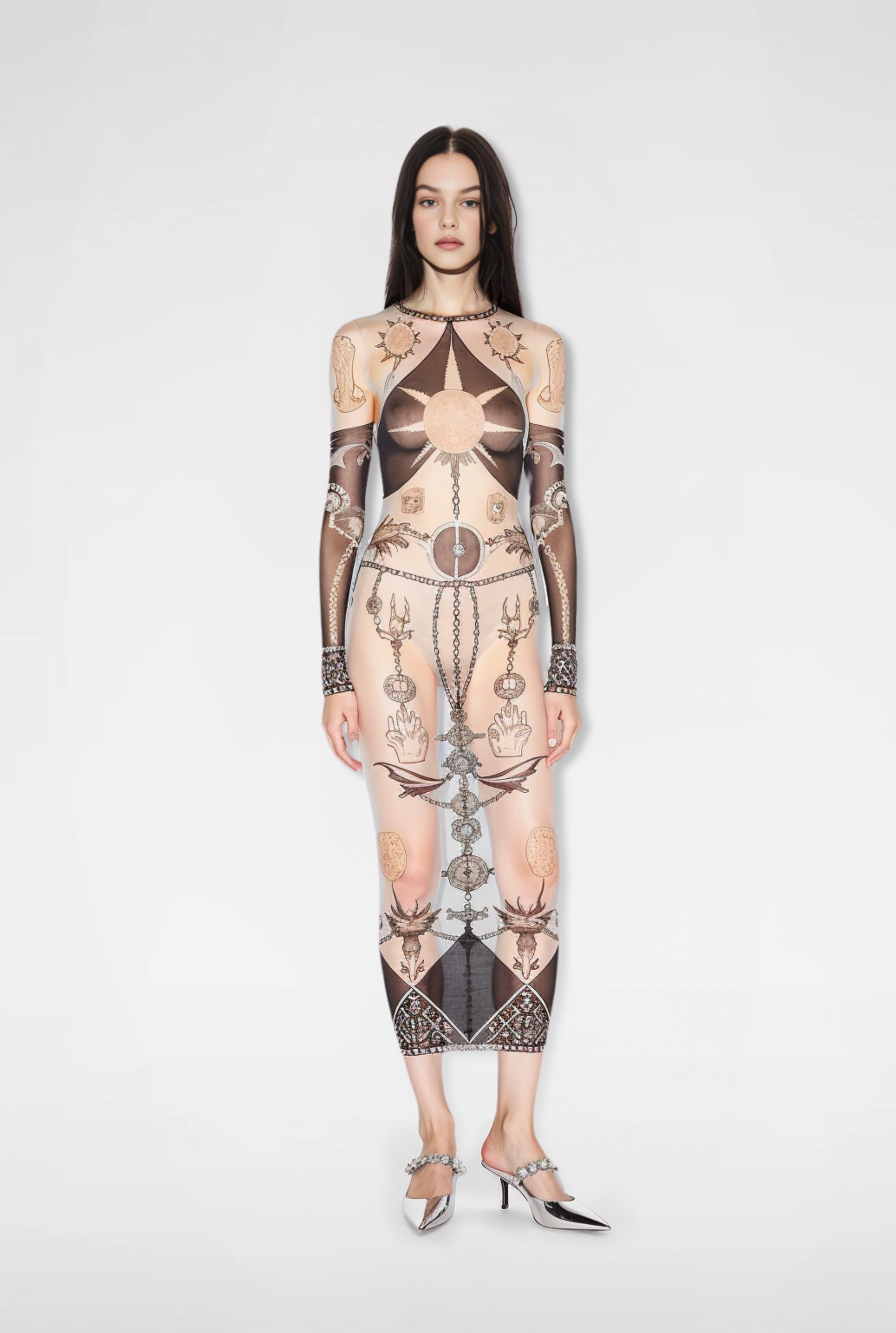 Autumn Celestial Symbolic Mesh Maxi Dress - Beige/Black