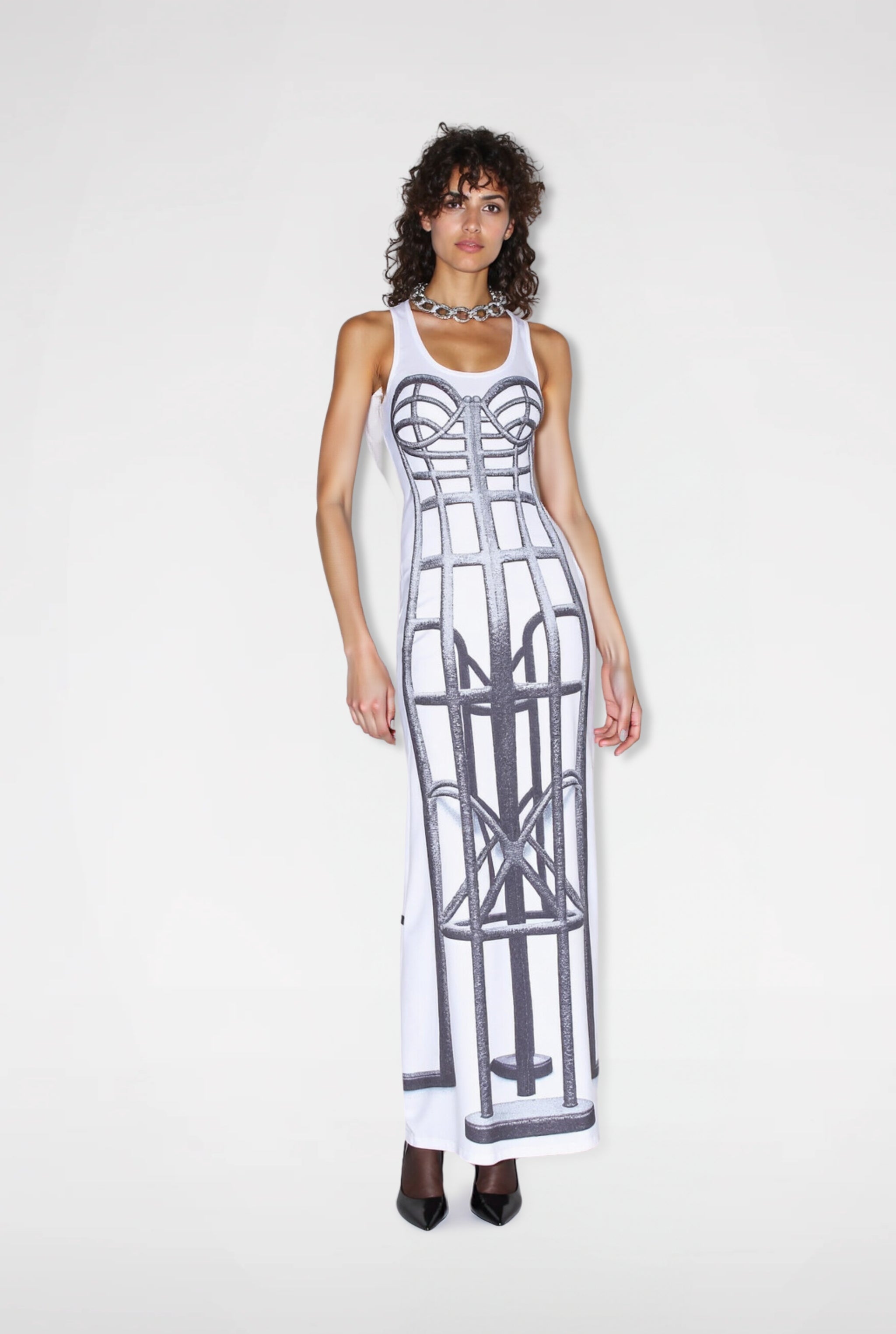 Addison Metallic Cage-Print Maxi Dress - White/Silver